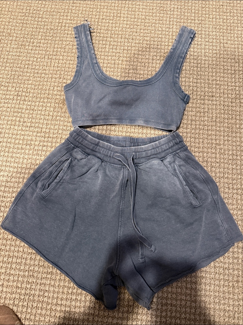 Zara Light Blue Ribbed Cotton Shorts Set